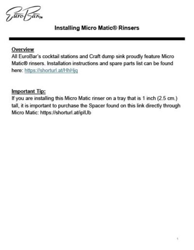 EuroBar Micro Matic Rinser Installation Guide