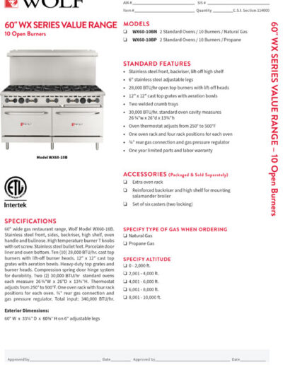 WX Series 60inch Range with Ten Burners and Two Standard Ovens